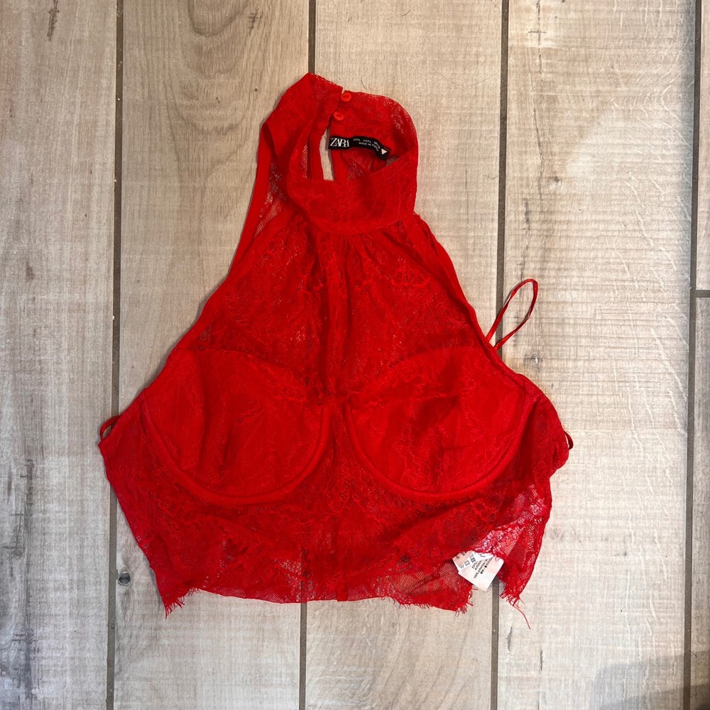 Zara Red Lace Halter Top‎ High Neck Underwire Cropped Bustier Large